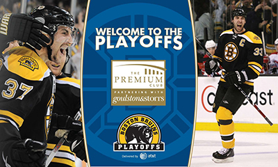 Displayed is a "Welcome to the Playoffs" Bruins themed Premium Club Elevator Sign featuring logos from the Bruins and The Premium Club at TD Garden in Boston.