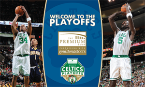 Displayed is a "Welcome to the Playoffs" Celtics themed Premium Club Elevator Sign featuring logos from the Celtics and The Premium Club at TD Garden in Boston.