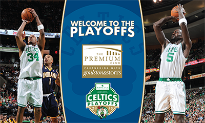 Displayed is a "Welcome to the Playoffs" Celtics themed Premium Club Elevator Sign featuring logos from the Celtics and The Premium Club at TD Garden in Boston.