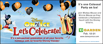 A Disney on Ice "Let's Celebrate!" sign promoting the upcoming Disney show's dates. This small sign was featured in the subway trains in Boston.