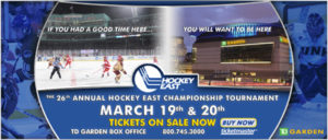 A horizontally oriented graphic with scenes from Hockey East college hockey games are featured on the left and right edges. There is a circular cut in the center showing an image from a Frozen Fenway hockey game on the left and TD Garden on the right. The two images fade into each other in the middle. The text across the center of the images reads "If you had a good time here... You will want to be here". Details for the Hockey East Championship Tournament are listed below the images in the bottom half of the graphic. A white Hockey East logo is in the center of the image, the background for the logo and the details regarding the tournament is blue. The text is white, aside from "Tickets on sale now" which is in a bright yellow. All of the text has a subtle white glow to it. It is rather fetching.